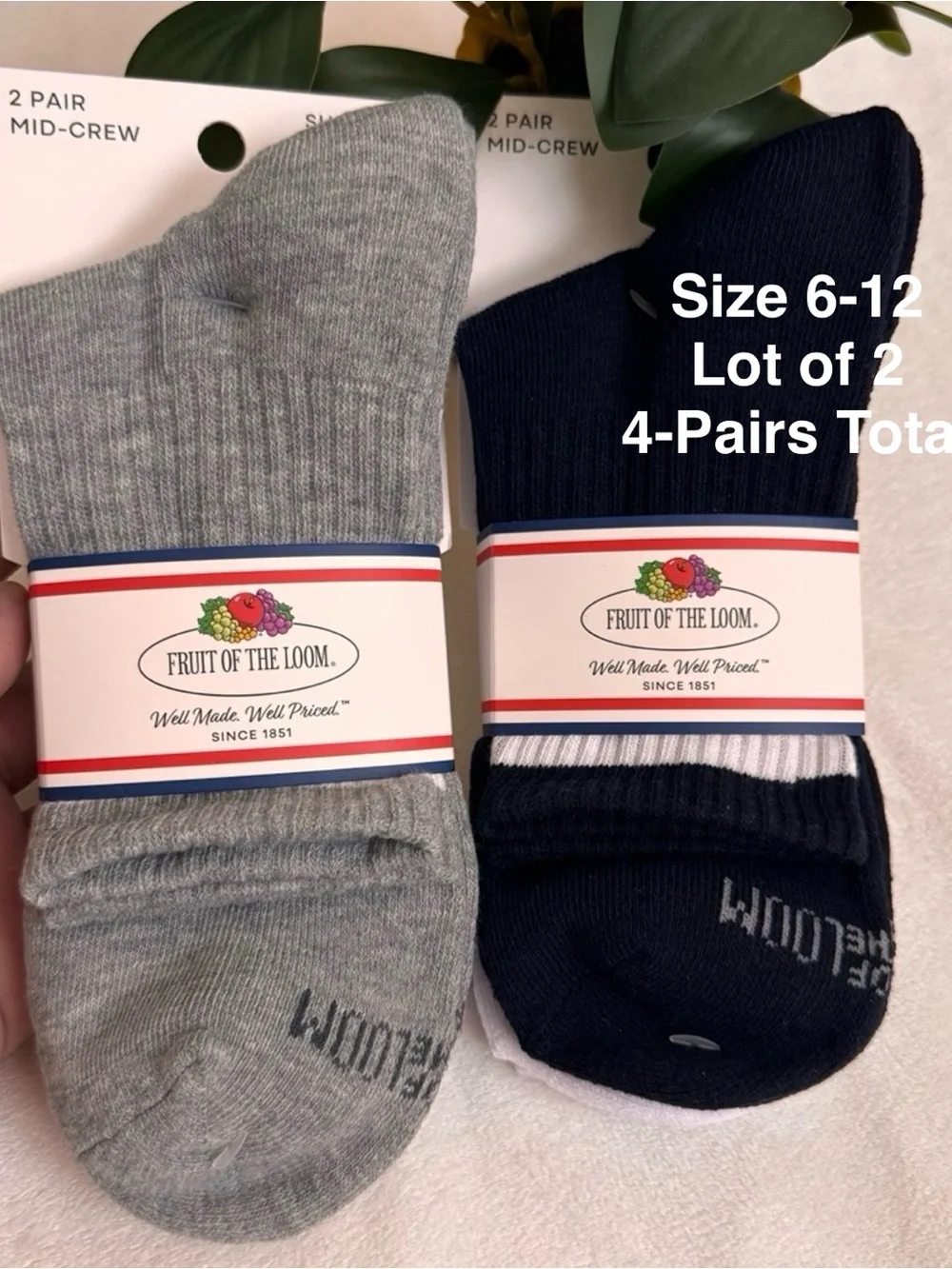 Fruit of the Loom Mens Americana Mid Crew Socks, 2-Pack,Lot of 2